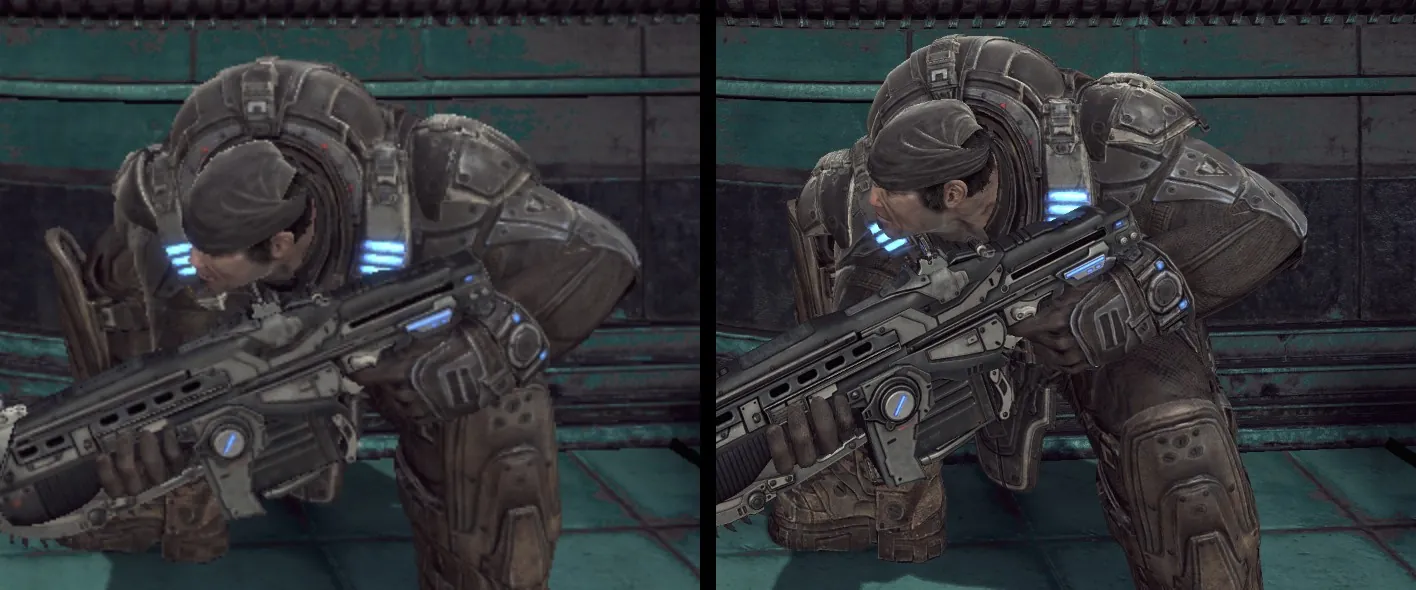 Close-up of Marcus Fenix side by side: the original 720p rendering on the left has jagged, blurry edges; 4K internal rendering on the right shows clean armor and weapon detail