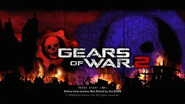 Title screen in which one background texture was replaced by a recoloured 2048 by 2048 version: the skull mural on the right turns blue and purple while the rest stays red